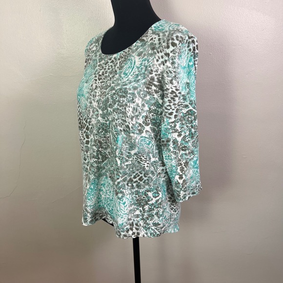 Chico's Women's Top Size 2 (L/12) Animal Print 3/4 Sleeve Turquoise Paisley - Picture 2 of 9